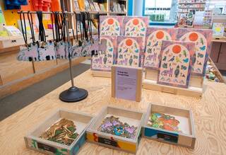 Keyrings and badges on a wooden table