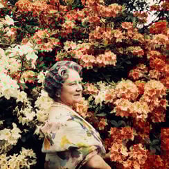 The Queen Mother in the gardens of the Royal Lodge at Windsor