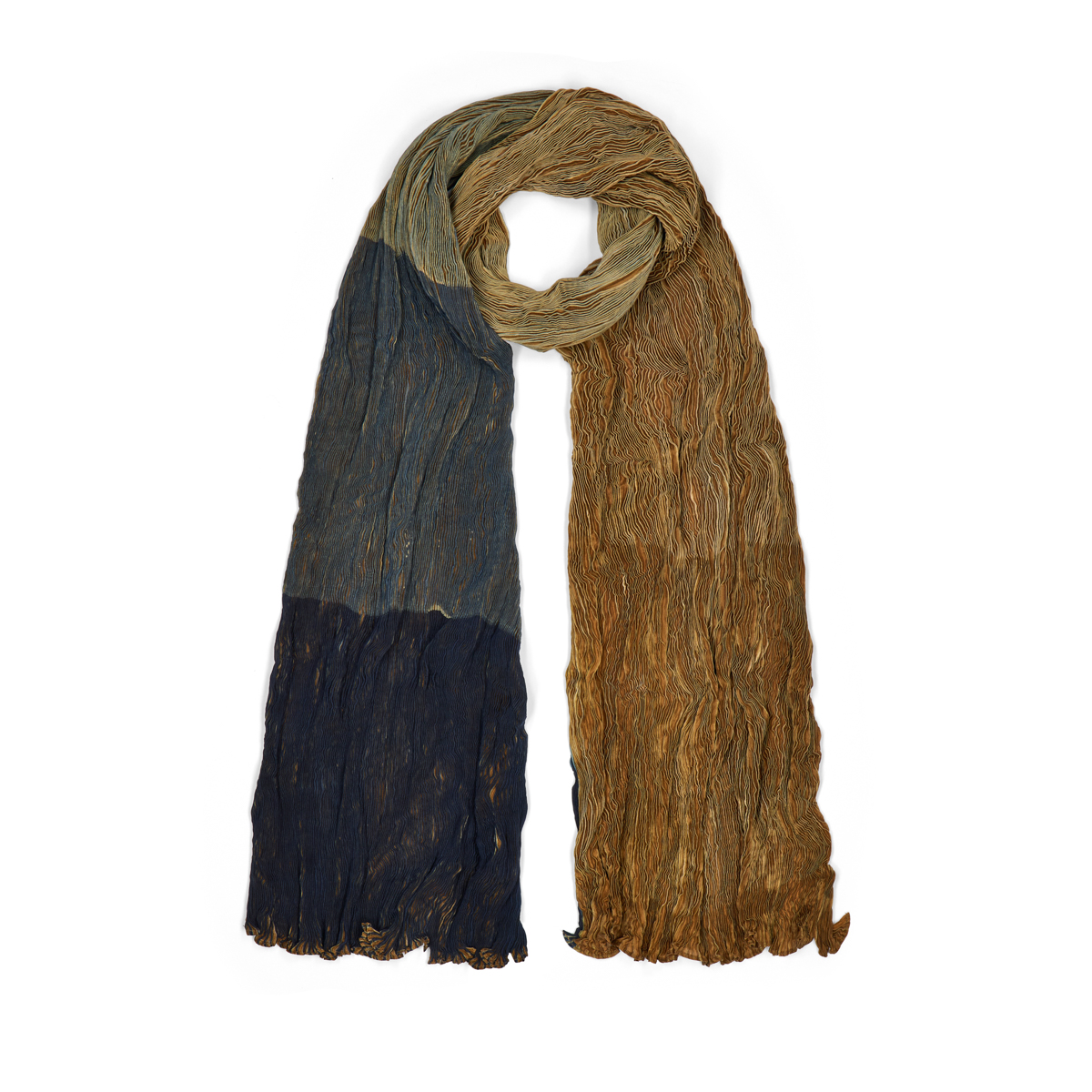 Gold and navy shibori silk scarf