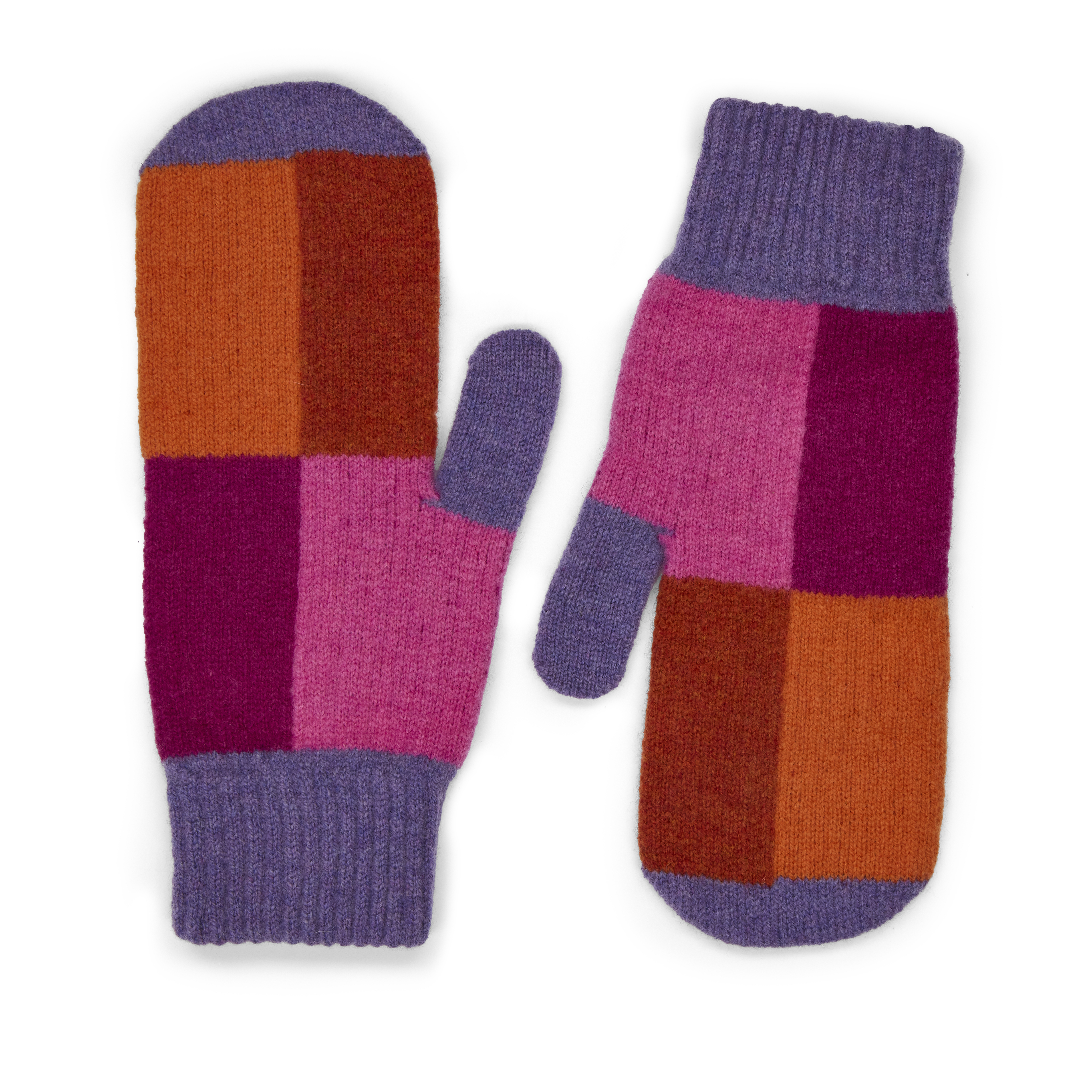 Pink and orange check wool mittens