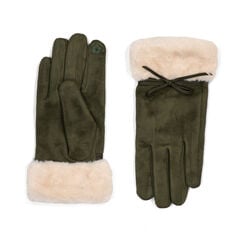 Green faux fur and bow wool gloves