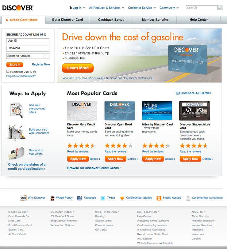 Discover Card and Shell Gasoline offer marquee page